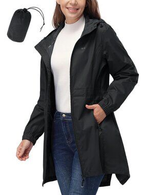Women's Waterproof Long Packable Rain Jacket Black with Hood Trench Coats